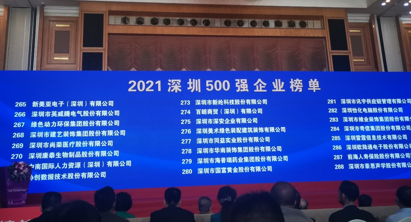 綠色動力上榜2021深圳企業(yè)500強
